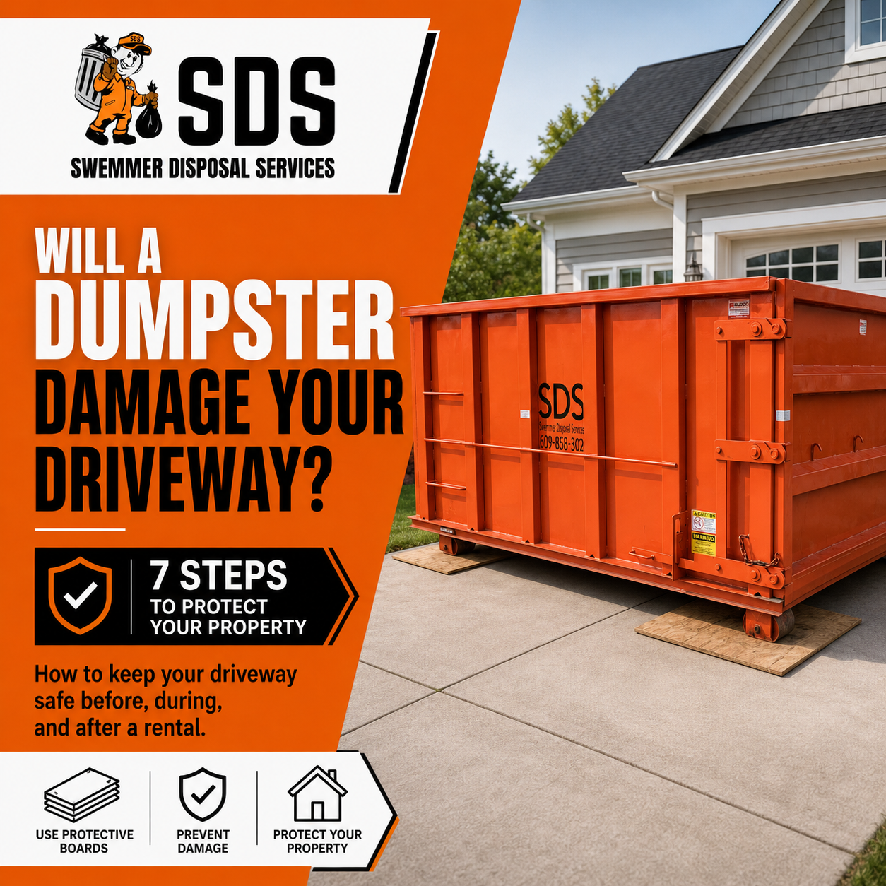 Orange roll-off dumpster placed on wood protection boards on a residential driveway.
