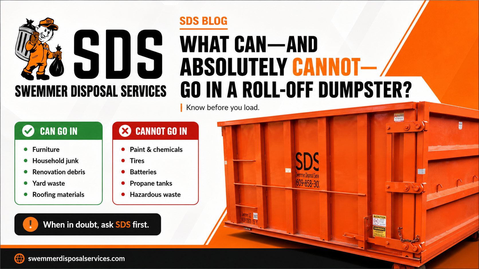 Orange and black dumpster sorting graphic showing accepted items, items that require approval and materials that should not go in a roll-off dumpster.