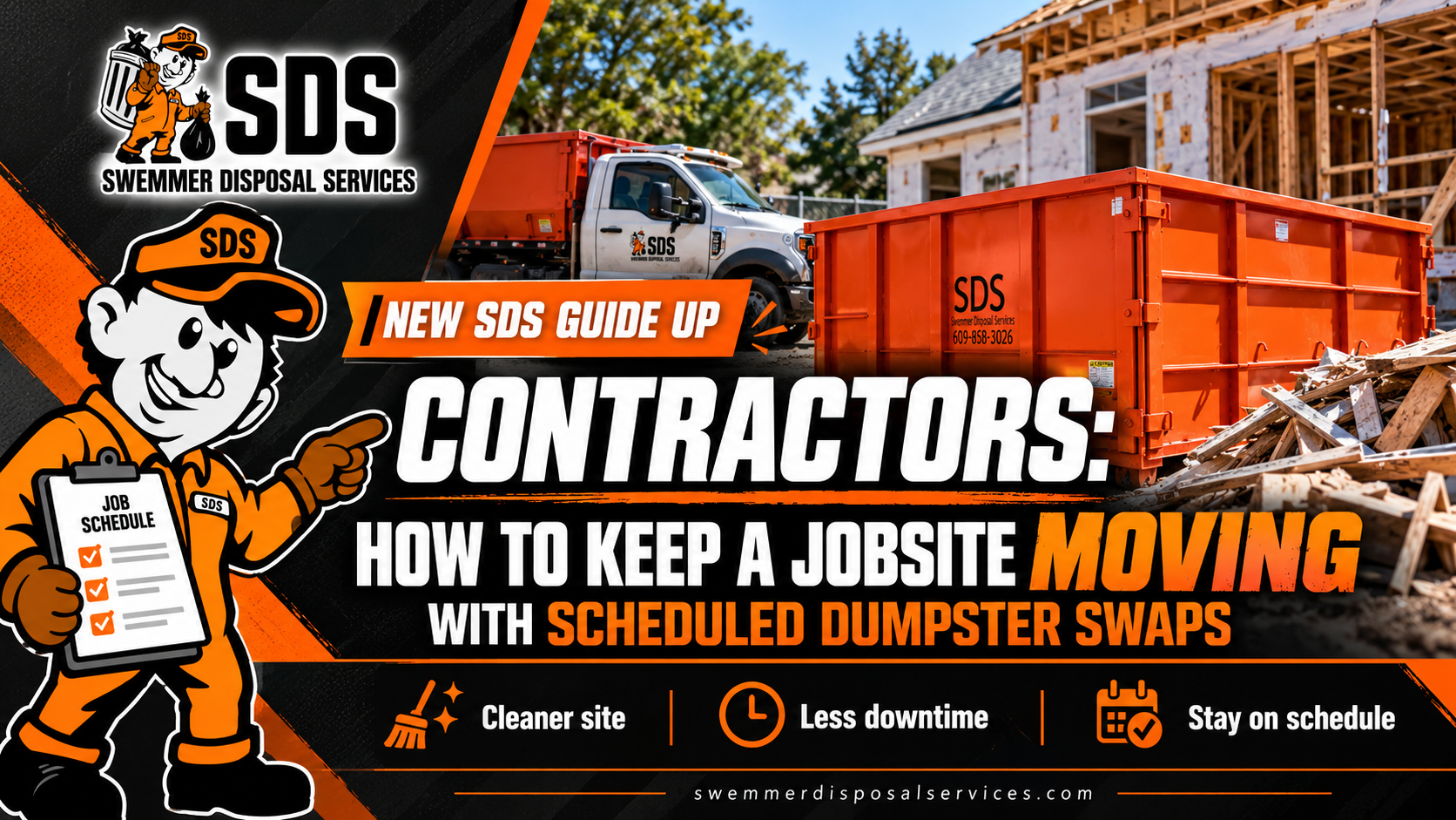 Construction jobsite schedule showing demolition phases and planned SDS dumpster swaps before each roll-off container reaches capacity.