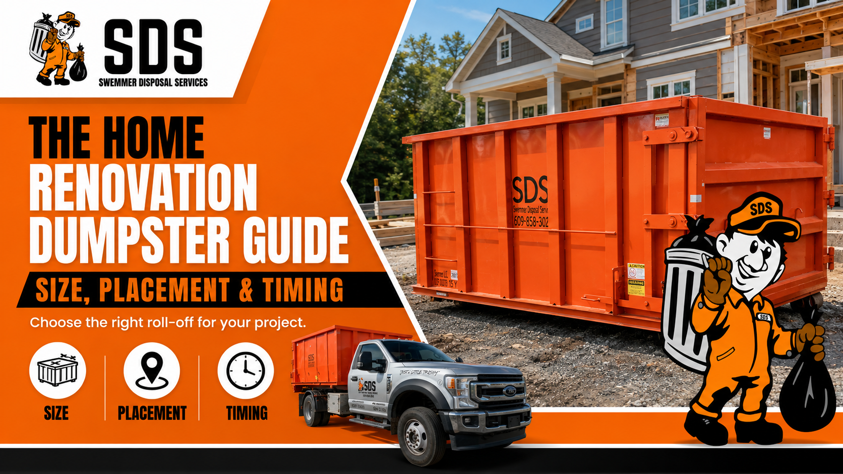 Orange SDS roll-off dumpster on a protected driveway beside a home undergoing a kitchen renovation.