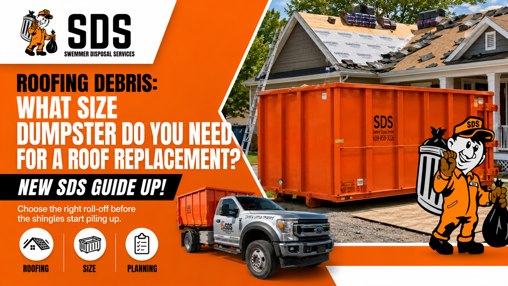Roof replacement crew loading shingles into an orange SDS roll-off dumpster beside a New Jersey home.