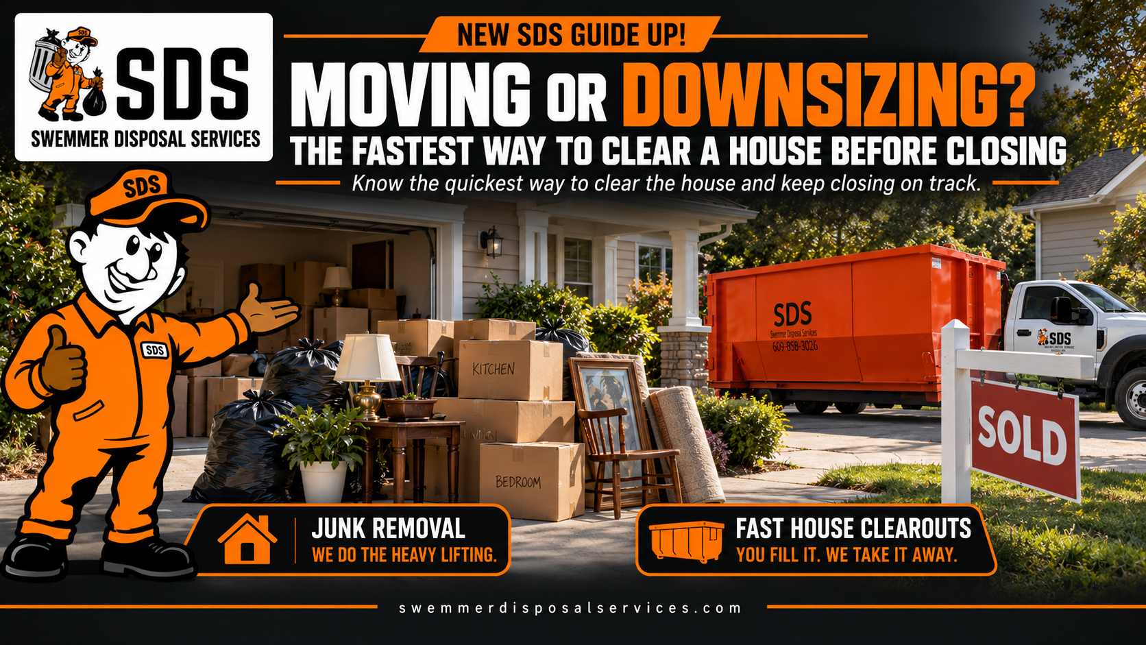 Moving boxes labeled keep, donate and remove beside an orange SDS dumpster with a countdown to closing day.