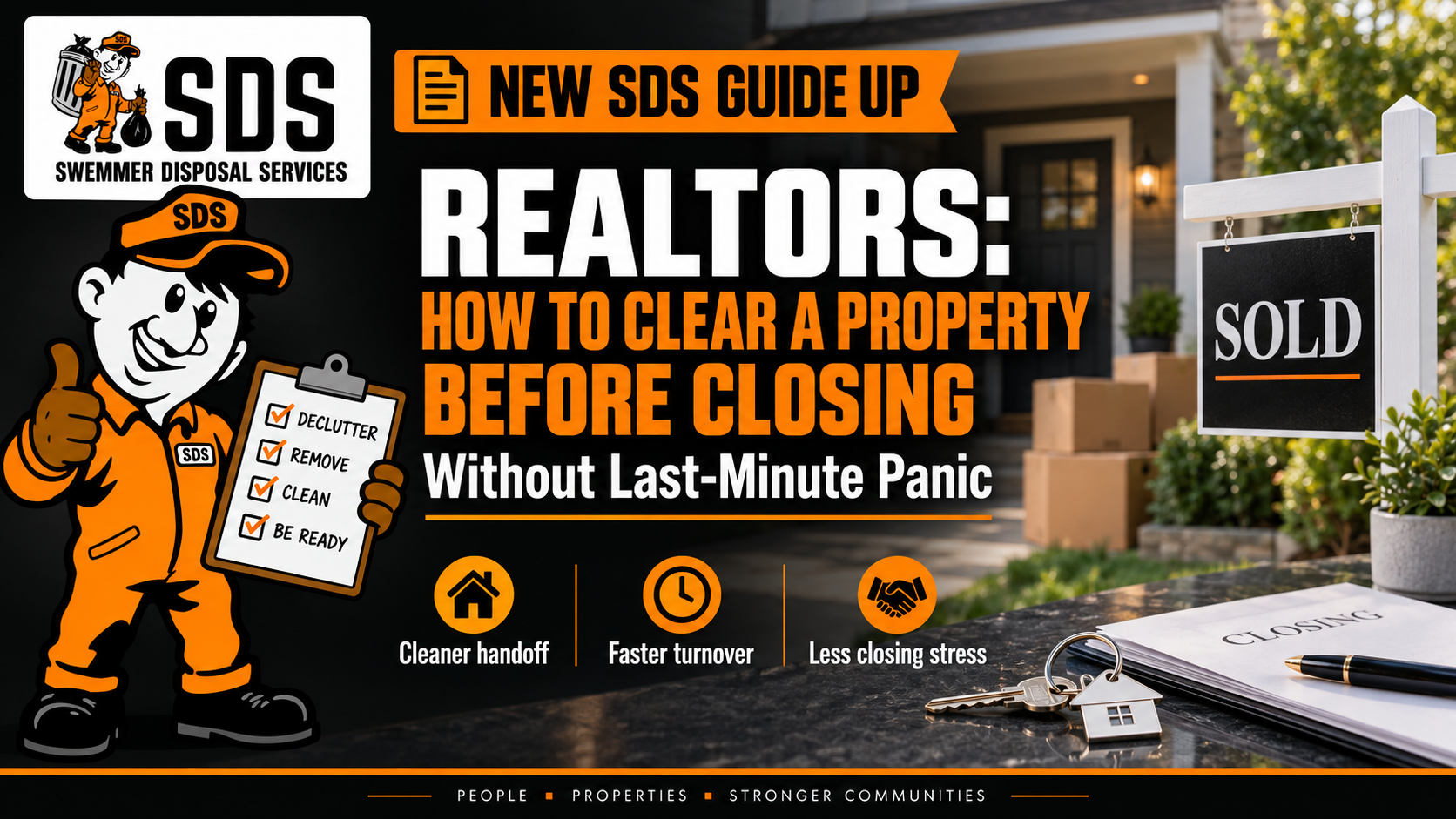 Real estate property cleanout timeline showing a cluttered room, junk removal, a clean listing-ready home and closing keys.