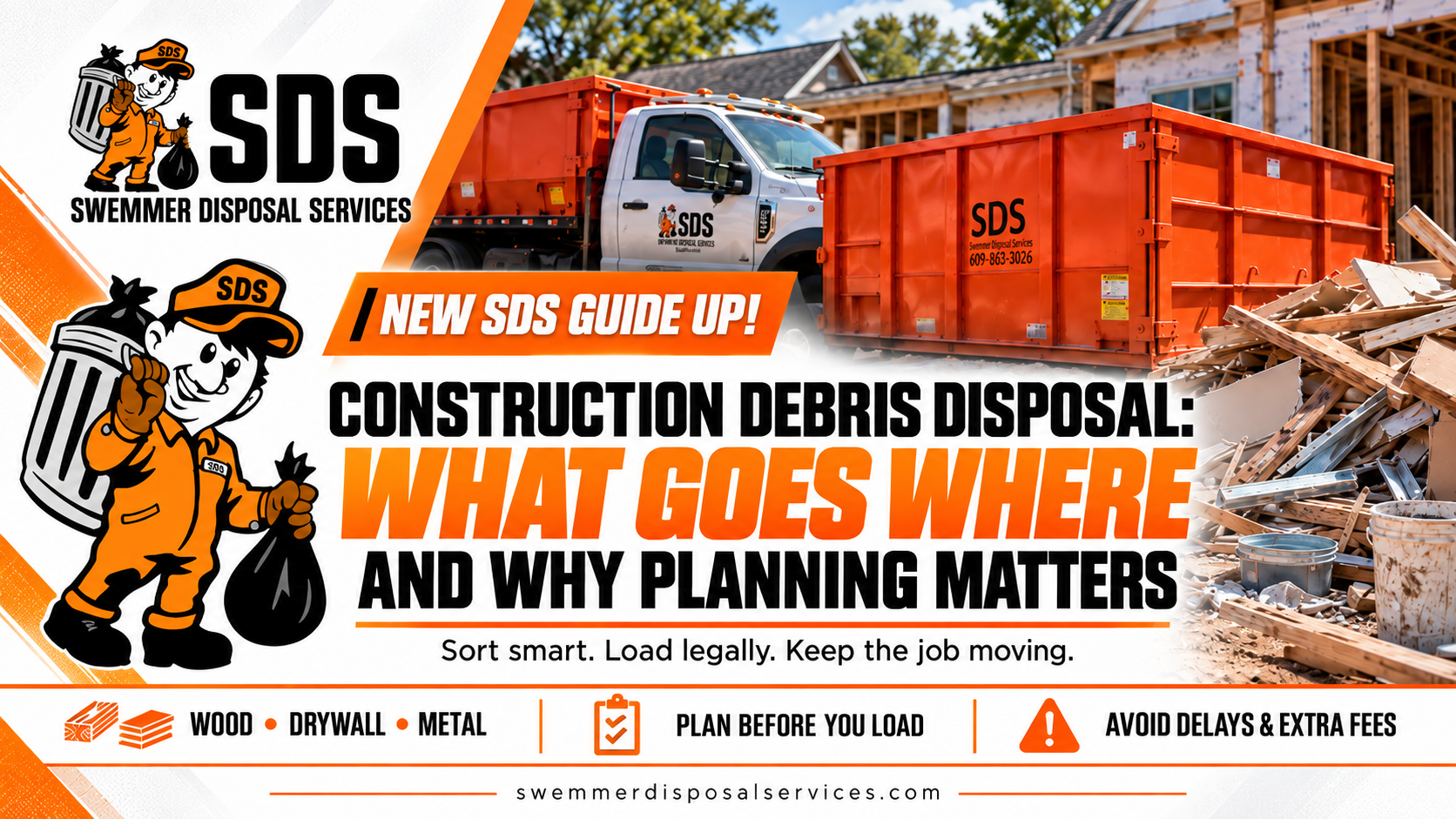 Organized construction debris disposal system showing mixed debris, dense materials, recoverable materials and special waste beside an SDS roll-off dumpster.