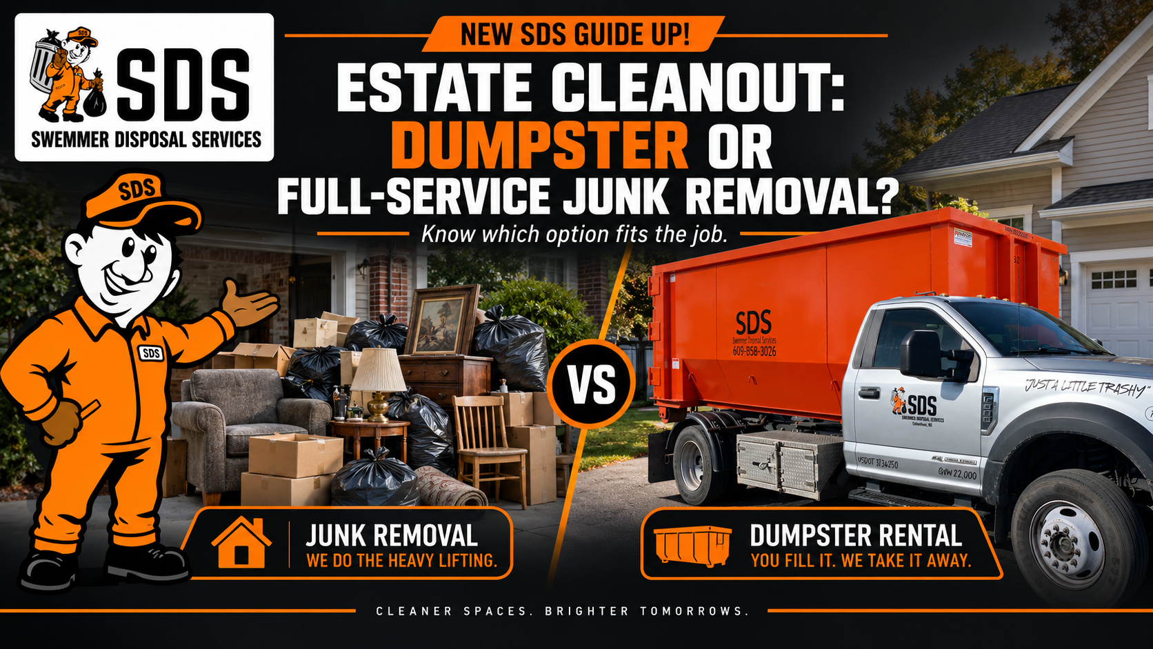 Organized estate cleanout room with labeled keep, donate and remove boxes and an orange SDS dumpster visible outside.
