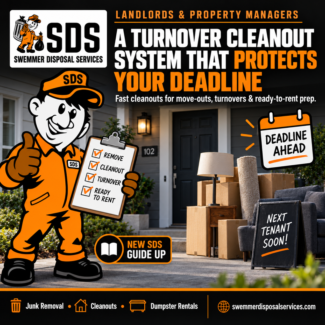 Property turnover workflow showing document, clear, repair, clean and list stages with SDS waste removal built into the schedule.