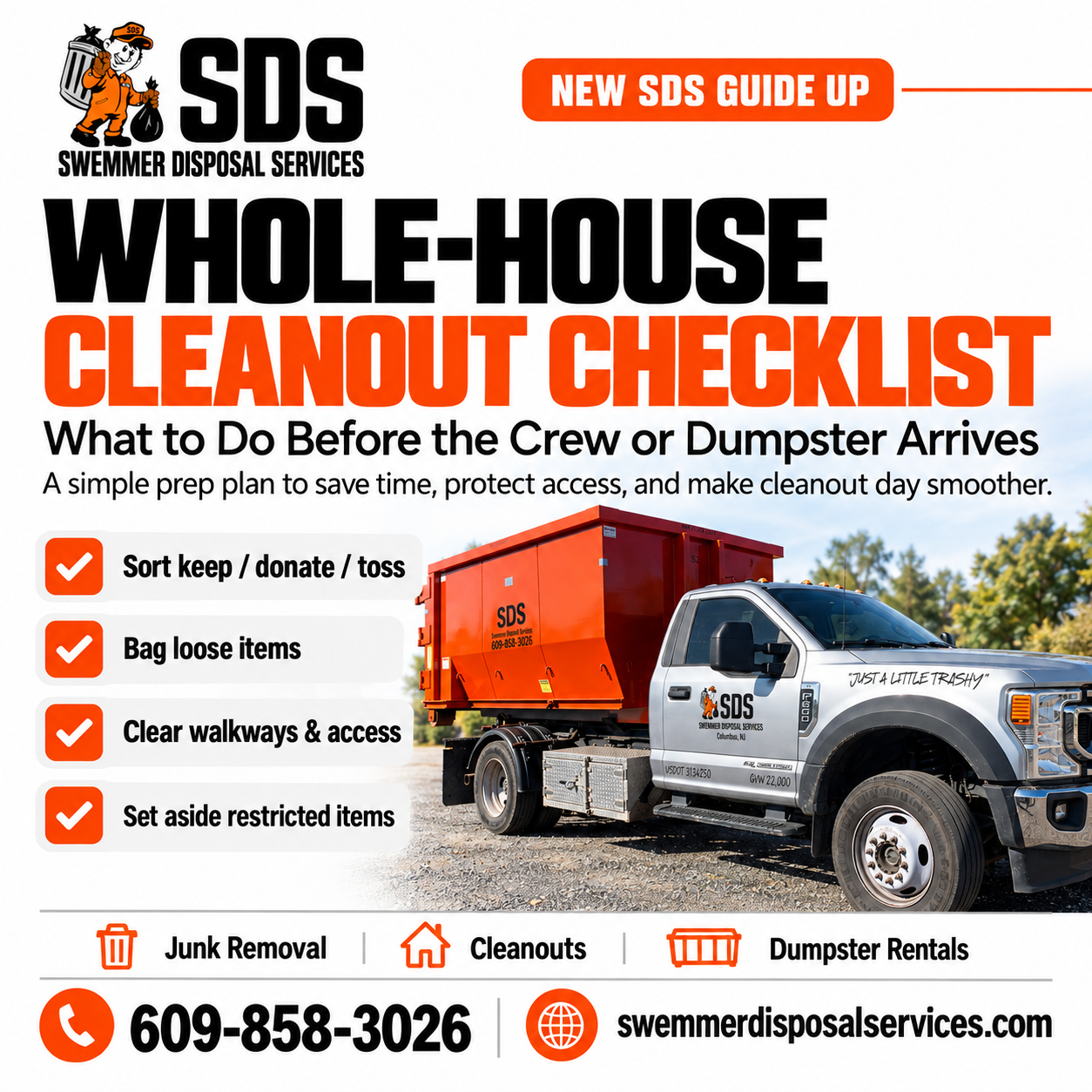 Whole-house cleanout checklist with organized rooms, orange checkboxes and an SDS truck and dumpster ready outside.