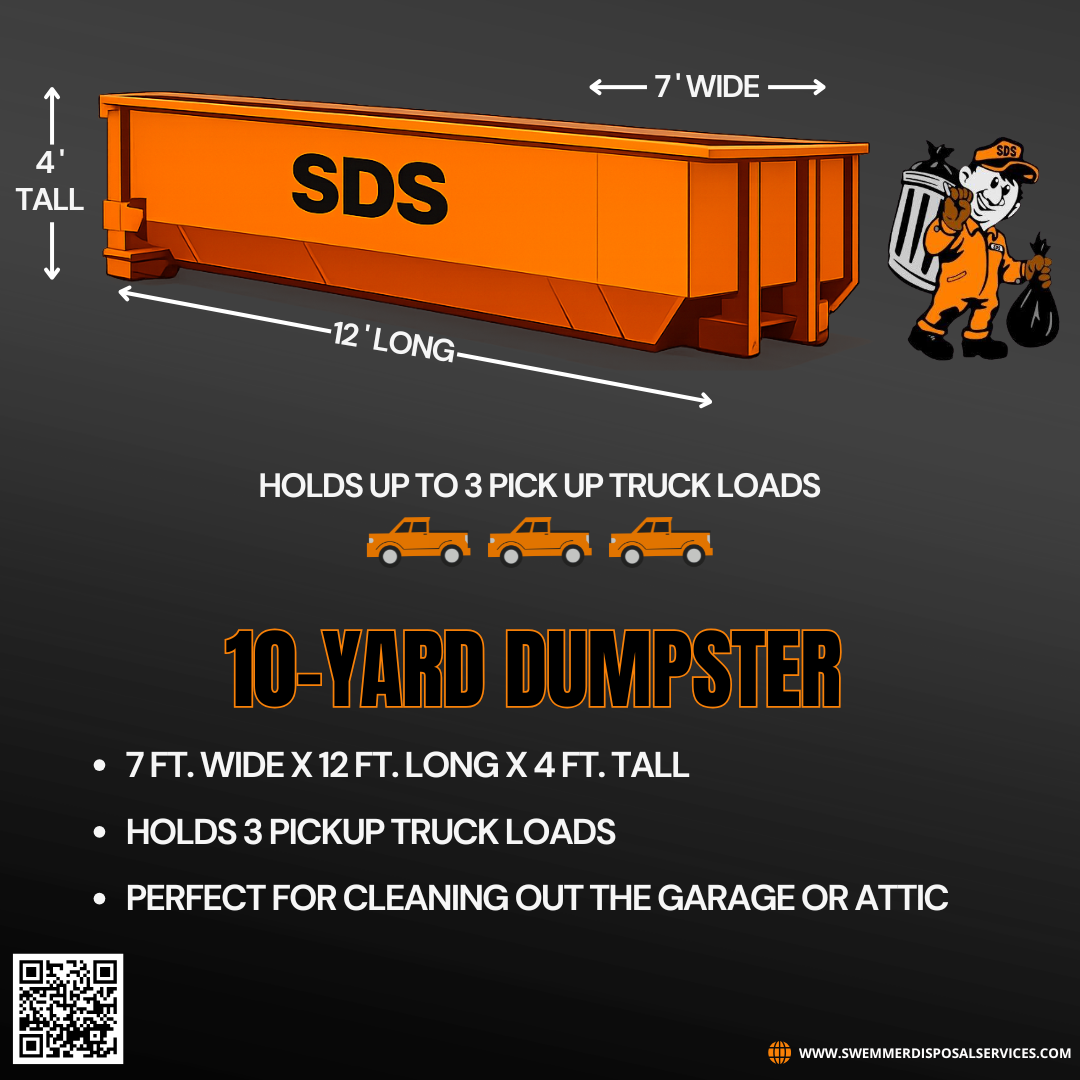 10-yard SDS roll-off dumpster — 7 ft wide by 12 ft long by 4 ft tall
