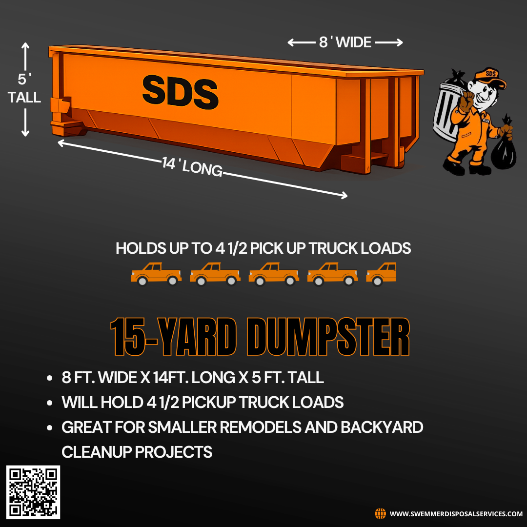 15-yard SDS roll-off dumpster — 8 ft wide by 14 ft long by 5 ft tall