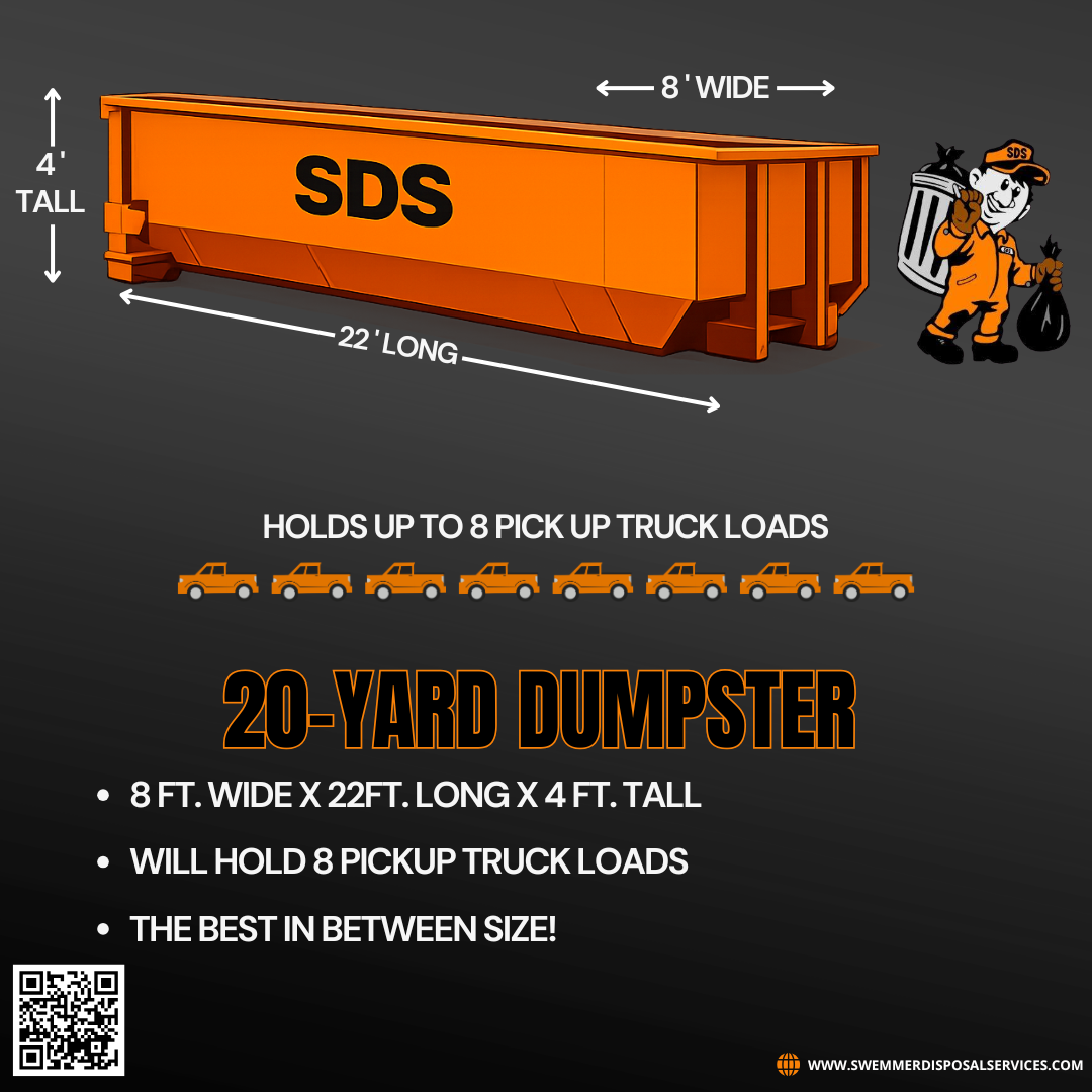 20-yard SDS roll-off dumpster — 8 ft wide by 22 ft long by 4 ft tall