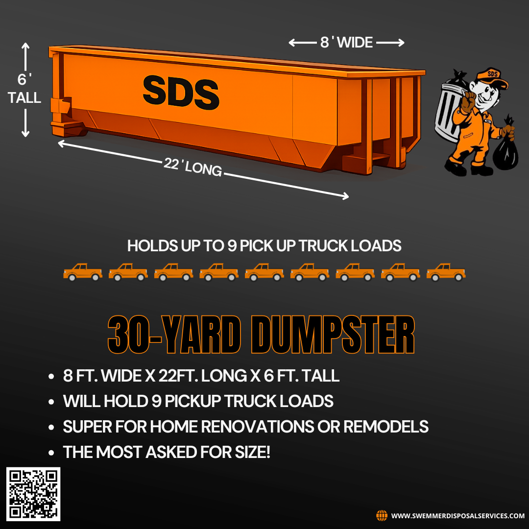 30-yard SDS roll-off dumpster — 8 ft wide by 22 ft long by 6 ft tall